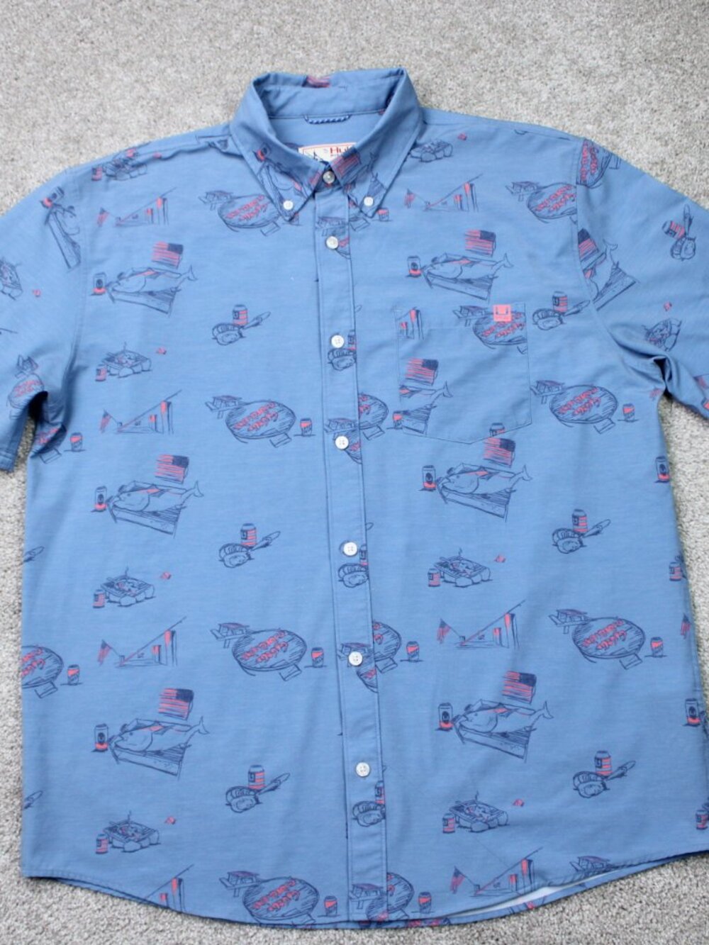 Huk Americookin Kona AOP Shirt Mens Large Blue Performance Fishing Short Sleeve